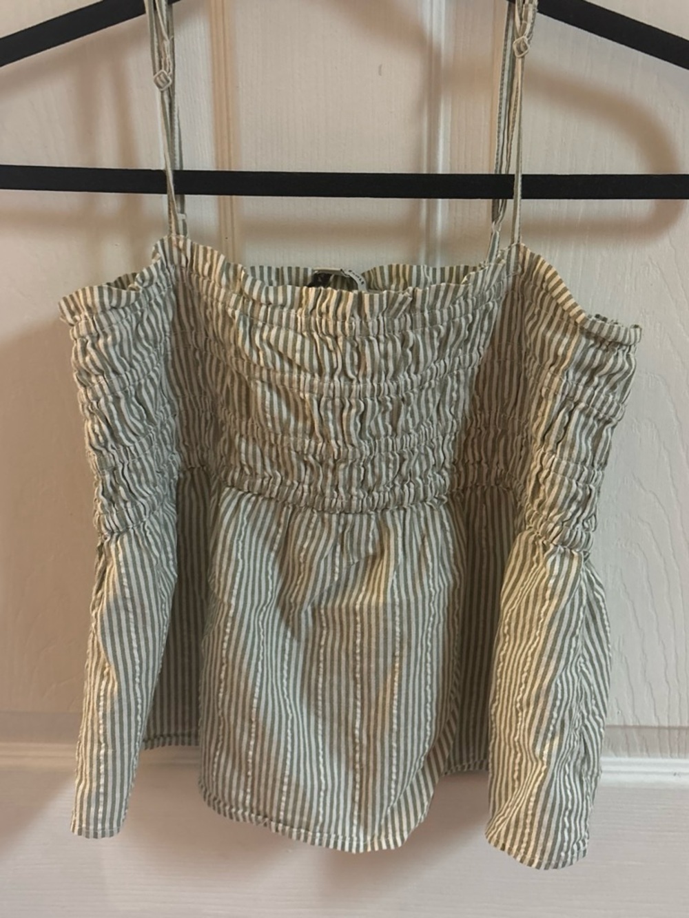 American Eagle Outfitters Green and White Striped Smocked Tank